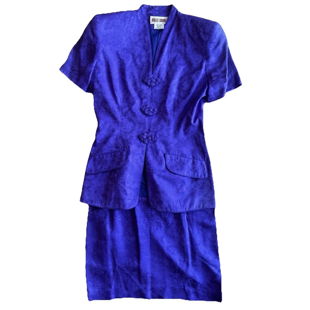 VTG 100% Silk‎ Purple Cheongsam Style Blouse Jacket Skirt Suit Sz4 Office Siren